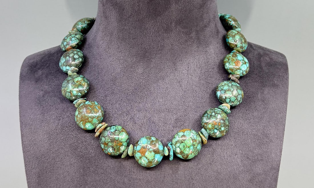 Afghan Turquoise Necklace: 10 3/8" long closed.