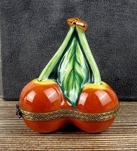 Limoges Peint Main Porcelain Cherries Trinket Box: 2 1/2" by 2 1/4" by 2 1/8"