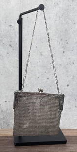 Sterling Silver Mesh Flapper Purse: Engraved as shown. 144 grams. 11 3/4" long with chain. 5 1/4" wide.