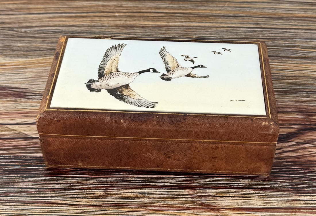 Leather Covered Cedar Jewelry Box: Porcelain Painted Goose Plaque on Top. 6 3/4" by 3 3/4" by 2 3/8".