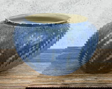 Newcomb College Pottery Sadie Irvine Bowl: Moon and Moss Pattern. 7 3/4" diameter, 4 3/4" tall.
