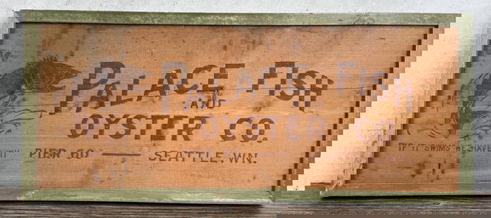 Palace Fish and Oyster Co Wood Sign: Seattle Washington. Made from a crate. 12 5/8" by 29 1/4" framed.