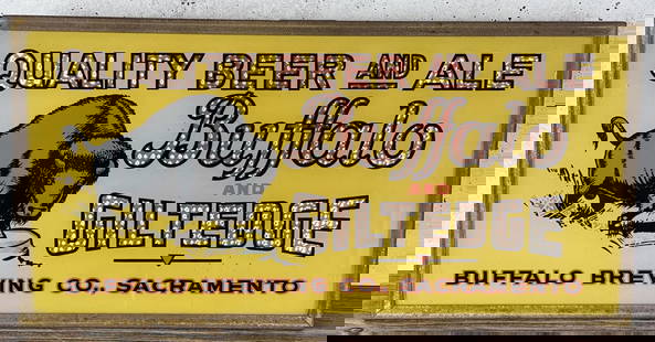 Reverse Painted Buffalo Brewing Sacramento Sign: Stunning sign. Reverse painted on glass. Quality Beer and Ale. Buffalo and Giltedge. Buffalo Brewing Sacramento California. Gloglass Sign Dura-Products Canton Ohio. 8" by 16".