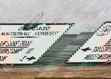 USFS Forest Service Sign Cascade National Forest: Nice original porcelain sign. Not a modern copy. Blair Lake Trail, Taylor Burn Camp, Mule Mountain. 6" by 11 7/8" Cascade