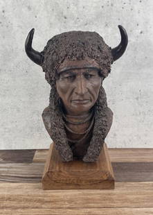 Jerry L Snodgrass Clay Indian Bust: 15 7/8" by 9 1/2" by 7 1/2" Jerry L. Snodgrass (Born 1929) is active/lives in Idaho. Jerry Snodgrass is known for Portrait bronze bust of cowboys and other frontier men. From the Private Collection of