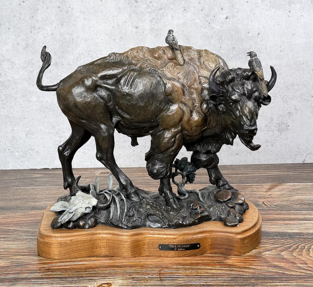 Tim Sullivan Tick Pickers Montana Buffalo Bronze: Title is Tick Pickers. 17 3/4" by 15 5/8" by 9 1/2". From the Private Collection of James H and Pauline Harken. Inventory #984 Tim Sullivan (Born 1949) is active/lives in Montana. Tim Sullivan is know