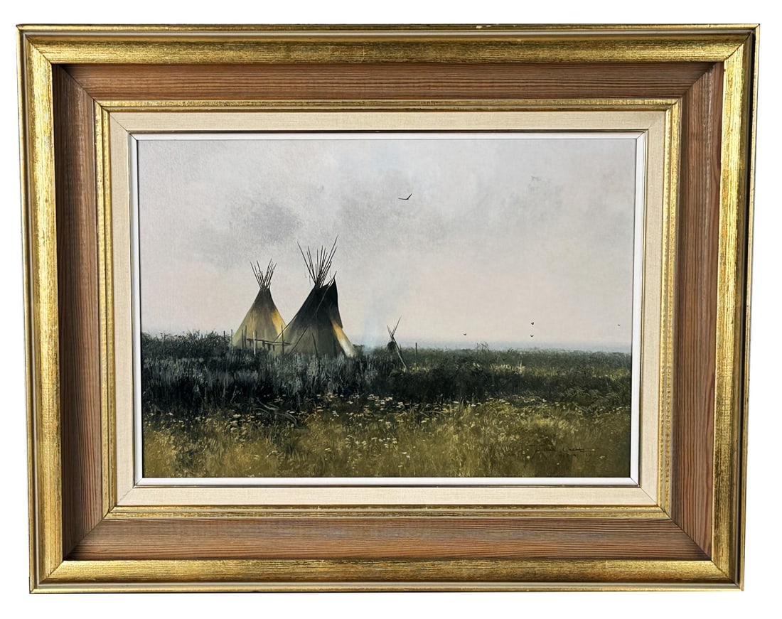 Michael Coleman Summer Camp Oil Painting: Title is Summer Camp. 14" by 20" unframed. 22" by 28" framed. Oil on Board. Michael B. Coleman (Born 1946) is active/lives in Utah. Michael Coleman is known for Indian genre and wildlife painting and