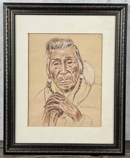 Nancy McLaughlin Montana Piegan Indian Pastel: Title is Piegan Indian. 13" by 16" framed. 7 7/8" by 9 3/4" unframed. Pastel on Paper. Nancy Powell McLaughlin (1932 - 1985) was active/lived in Montana. Nancy McLaughlin is known for Indian figure an