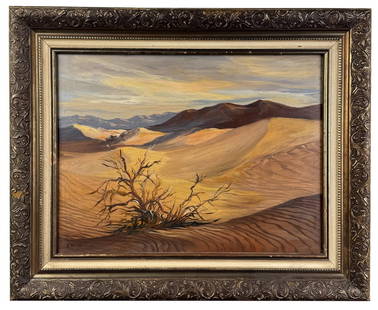 Ernest Martin Hennings Death Valley Oil Painting: Title is Death Valley. 18" by 24" unframed. 25 1/2" by 31" framed. Oil on Board. Condition: Some bubbling to the varnish. Ernest Martin Hennings (1886 - 1956) was active/lived in Illinois, New Mexico.