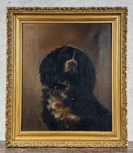 Folk Art Itinerant Dog Painting: Pinholes in canvas as shown. 15" by 18" unframed. 19" by 22" framed.