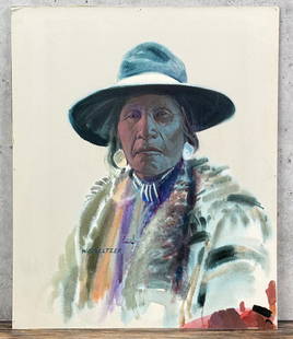 William Steve Seltzer Montana Indian Painting: Title is Indian Portrait. 15" by 18" unframed. Gouache on Board. Provenance: Dick Flood Gallery Scottsdale Arizona W. Steve Seltzer (Born 1945) is active/lives in California, Montana. W Seltzer is kno