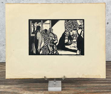 Barbara Latham Taos Indians Linocut Print: Title is Taos Indians. 9" by 12". Linocut on Paper. Barbara (Cook) Latham (1896 - 1989) was active/lived in New Mexico, Massachusetts. Barbara Latham is known for Indian genre painting, graphics, illu