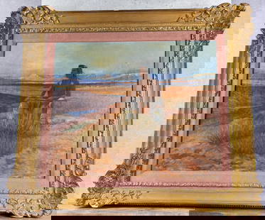 Lone Wolf Montana Indian Warrior Painting: Title is High Plains Warrior. 20" by 24" unframed. 28 1/2" by 32" framed. Oil on Canvas. Provenance: Susan Morrisey Livingstone Trust Condition: Under black light: with heavy varnish; Work has been re