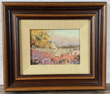 Thomas de Decker Warmth of Summer Indian Painting: Title is Warmth of Summer. 4 1/2" by 6" unframed. 10" by 11 1/2" framed. Oil on Board. Thomas A. de Decker (Born 1951) is active/lives in Arizona, Wyoming, Colorado, Wisconsin. Thomas de Decker is kno