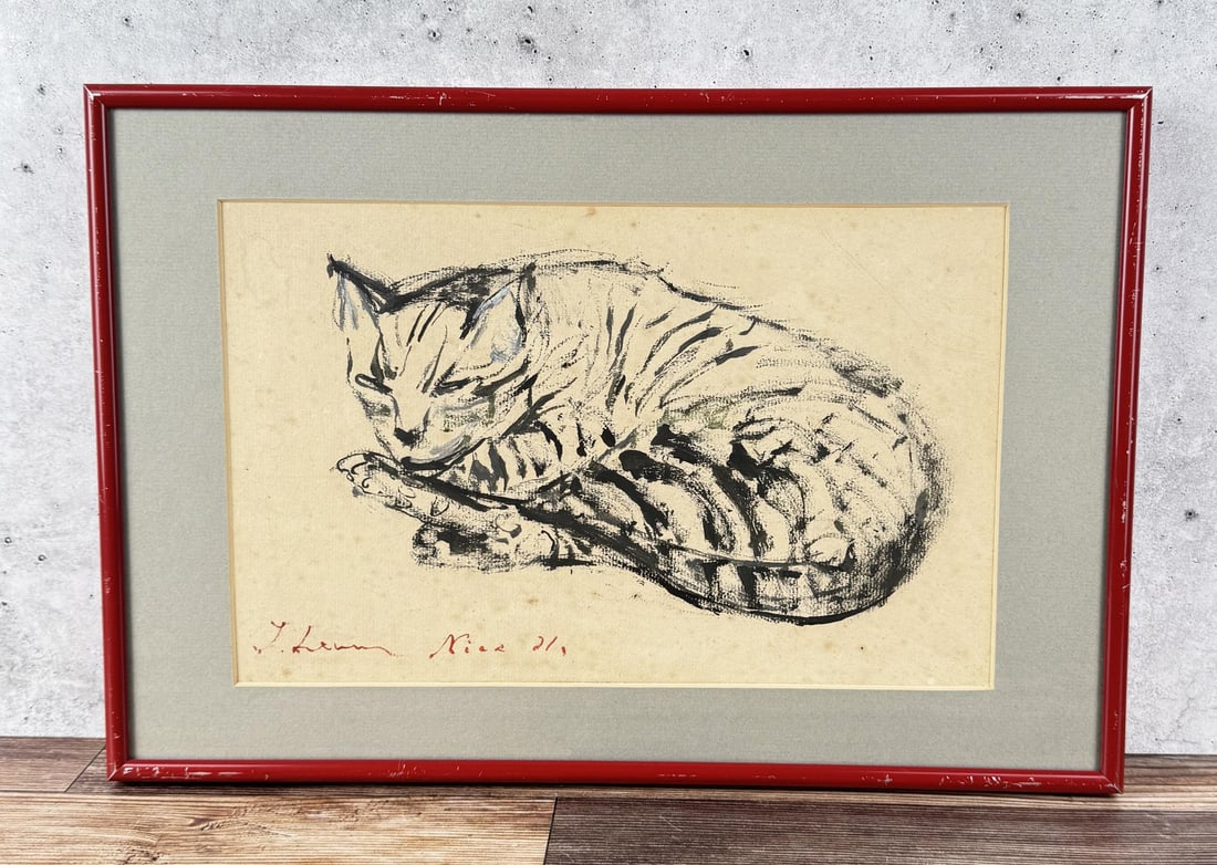 Jack Levine Reclining Cat India Ink Drawing: Title is Reclining Cat. 8" by 12" unframed. 11 1/4" by 16 3/4" framed. India Ink and Gouache on Board. From the Private Collection of James H and Pauline Harken. Inventory #361 Jack Levine (1915 - 201