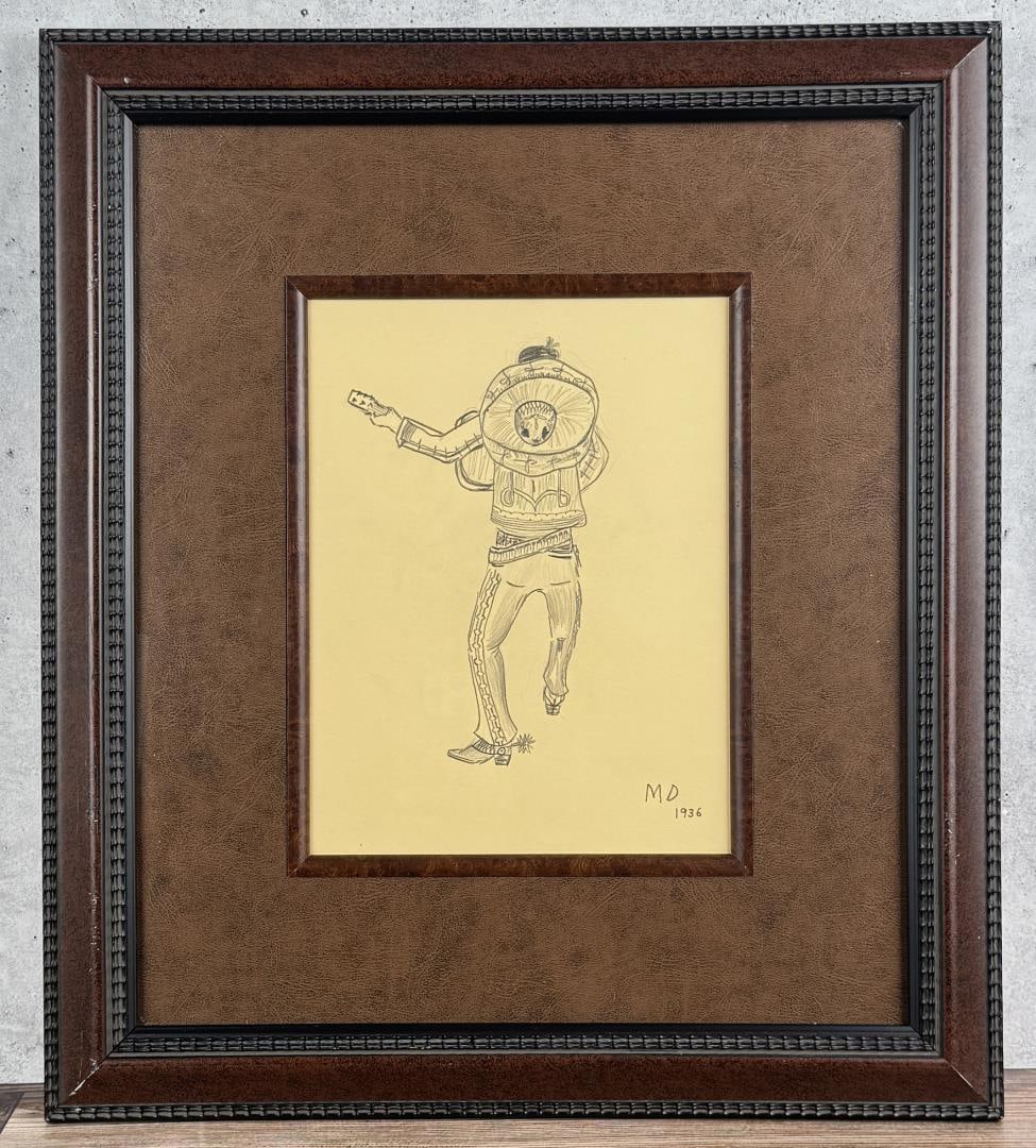 Maynard Dixon Mariachi Drawing: Title is The Mariachi. 7" by 9" unframed. 16 3/8" by 18 1/2" framed. Pencil on Paper. From the Private Collection of James H and Pauline Harken. Inventory #153 Maynard Dixon (1875 - 1946) was active/l