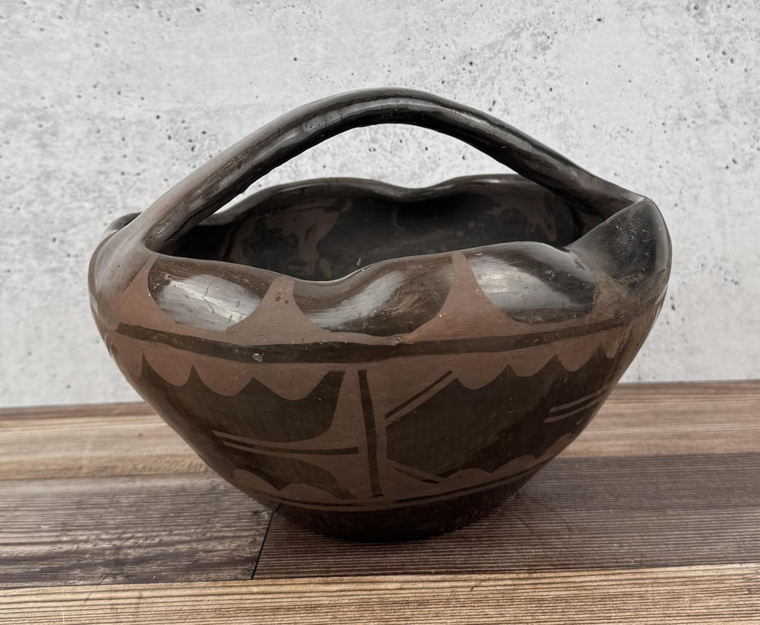 Santa Clara Pueblo Pottery Basket: Some old residue in bottom and on sides as shown. 8 3/4" by 8 5/8" by 6 3/8"