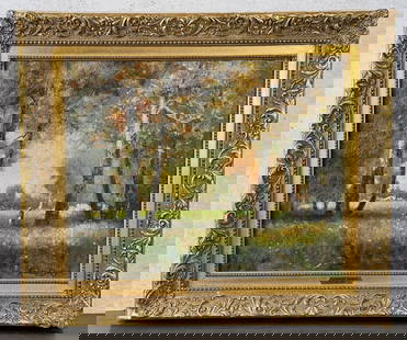 Leonard Borman Santa Anita California Painting: Title is Baldwin Ranch Santa Anita California. 16" by 19" unframed. 22" by 25" framed. Oil on Board. Leonard Borman (1894 - 1995) was active/lived in California, Oregon. Leonard Borman is known for La