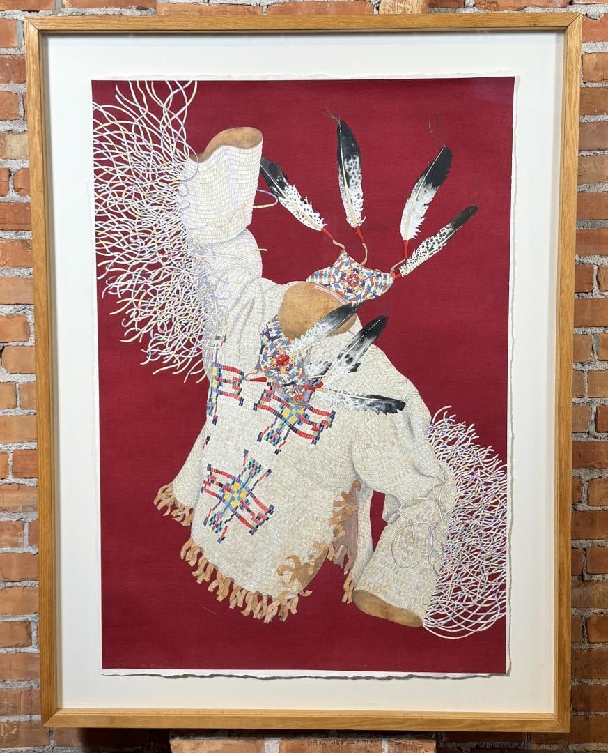 Theodore Villa War Shirt Watercolor Painting: Title is War Shirt. 32" by 46" unframed. 41" by 54 1/2" framed. Will be excessively expensive to ship. Theodore Villa (Born 1936) is active/lives in Idaho, California. Theodore Villa is known for Indi