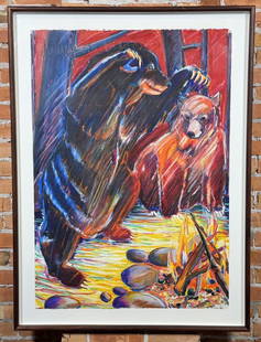 Joe Baker Campfire Bears Watercolor Painting: Title is Campfire Bears. 29 1/2" by 41 1/2" unframed. 35 1/2" by 48" framed. Joe Baker (Born 1946) is active/lives in Arizona, Oklahoma. Joe Baker is known for Pop western figure, animal. Joe Baker is
