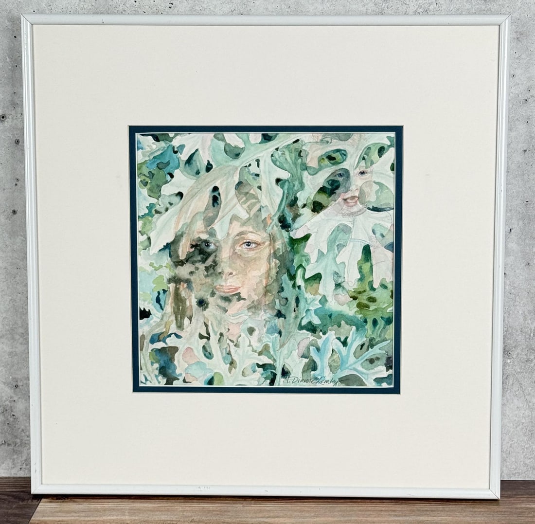 Deanne Lemley Kendra Watercolor Painting: Title is Kendra. 9 1/2" by 9 1/2" unframed. 17 1/2" by 17 1/2" framed. Watercolor on Paper. From the Private Collection of James H and Pauline Harken. Inventory #355 Deanne Lemley (20/21st century) is