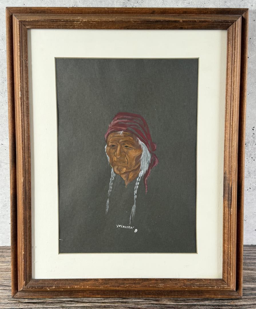 Don Lelooska Annie Gouache Painting: Title is Annie Kah-E-Mox-Nith. 7 1/2" by 10 1/2" unframed. 13" by 16" framed. Gouache on Paper. From the Private Collection of James H and Pauline Harken. Inventory #353 Don Lelooska (1933 - 1996) was