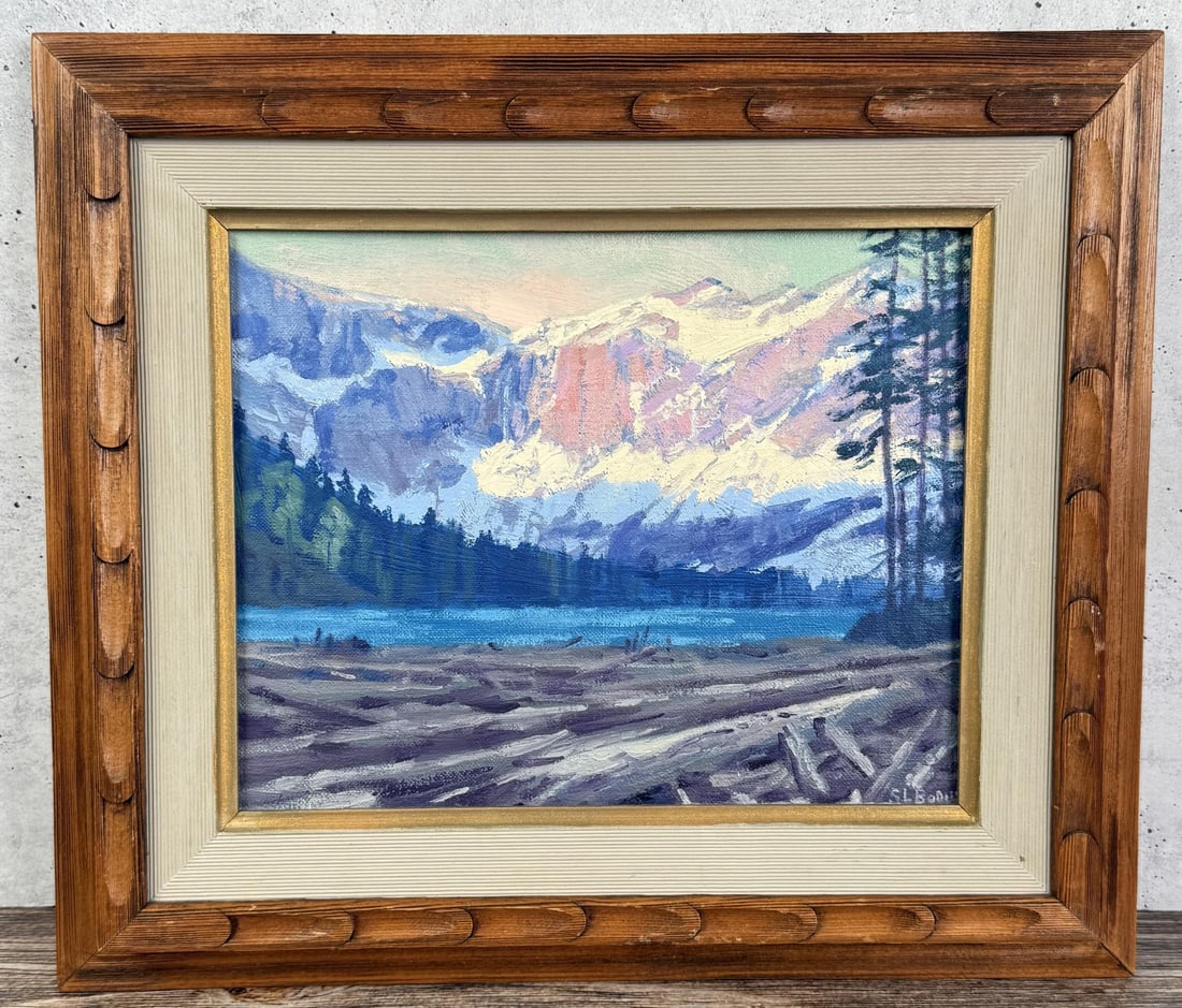 Sheryl Bodily Glacier Park Montana Painting: Title is Glacier Park Montana. 8" by 10" unframed. 12 1/2" by 14 1/2" framed. Oil on Canvas. From the Private Collection of James H and Pauline Harken. Inventory #63 Sheryl L. Bodily (Born 1936) is ac