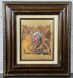 Raven Native American Indian Painting: 7" by 7" unframed. 15 3/4" by 17 1/2" framed. Oil on Bark. From the Private Collection of James H and Pauline Harken. Inventory #609