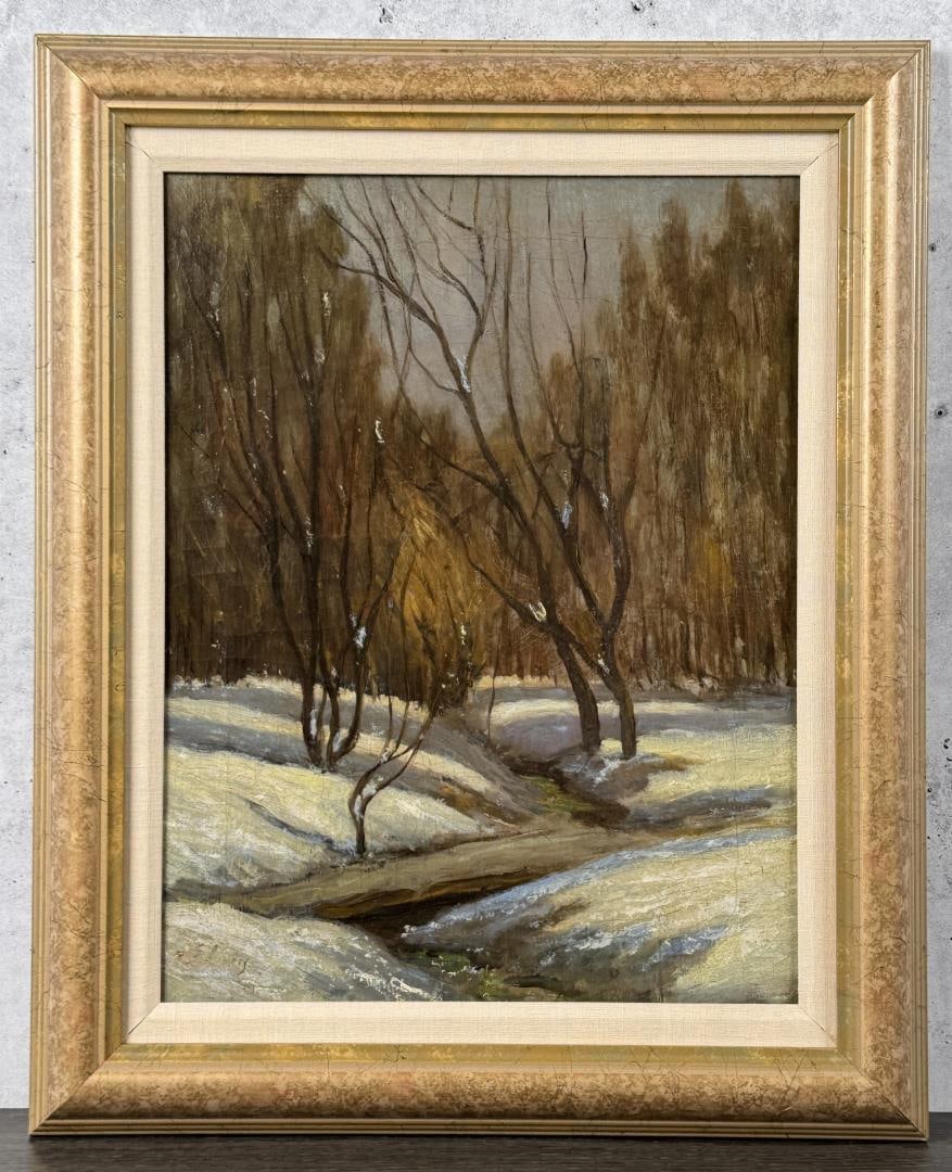 George Inness Winter Landscape Painting: Title is Winter Landscape. 14" by 18" unframed. 18 3/4" by 23" framed. Oil on Canvas. From the Private Collection of James H and Pauline Harken. Inventory #275 Condition: Painting exhibits cracklure t