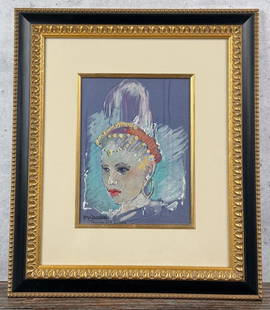 Hugo Zacchini Gouache Circus Painting: Title is Circus Performer. 8 1/2" by 11" unframed. 19" by 22" framed. Gouache on paper. From the Private Collection of James H and Pauline Harken. Inventory #872 Hugo Zacchini (1898 - 1975) was active