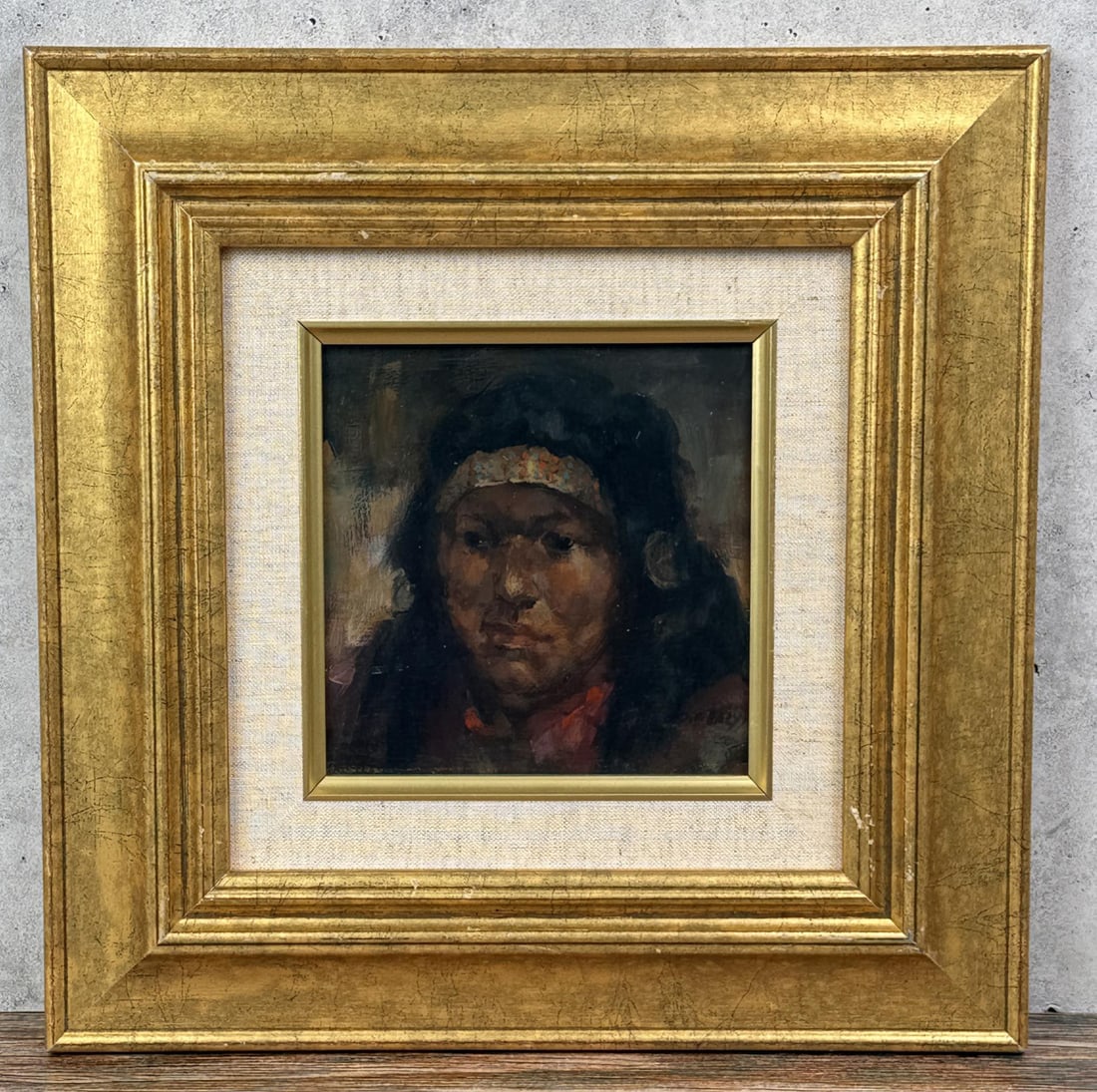 Don Ealy Indian Painting: Title is Indian Woman. 6" by 6" unframed. 13" by 13" framed. Oil on Board. From the Private Collection of James H and Pauline Harken. Inventory #164 Don Ealy (1937 - 2007) was active/lived in Idaho. D