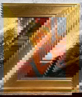 Robert Krogle Across the Room Painting: Title is Across the Room. 11" by 14" unframed. 16 5/8" by 19 5/8" framed. Oil on Canvas. From the Private Collection of James H and Pauline Harken. Inventory #334 Robert Krogle (20/21st century) is ac