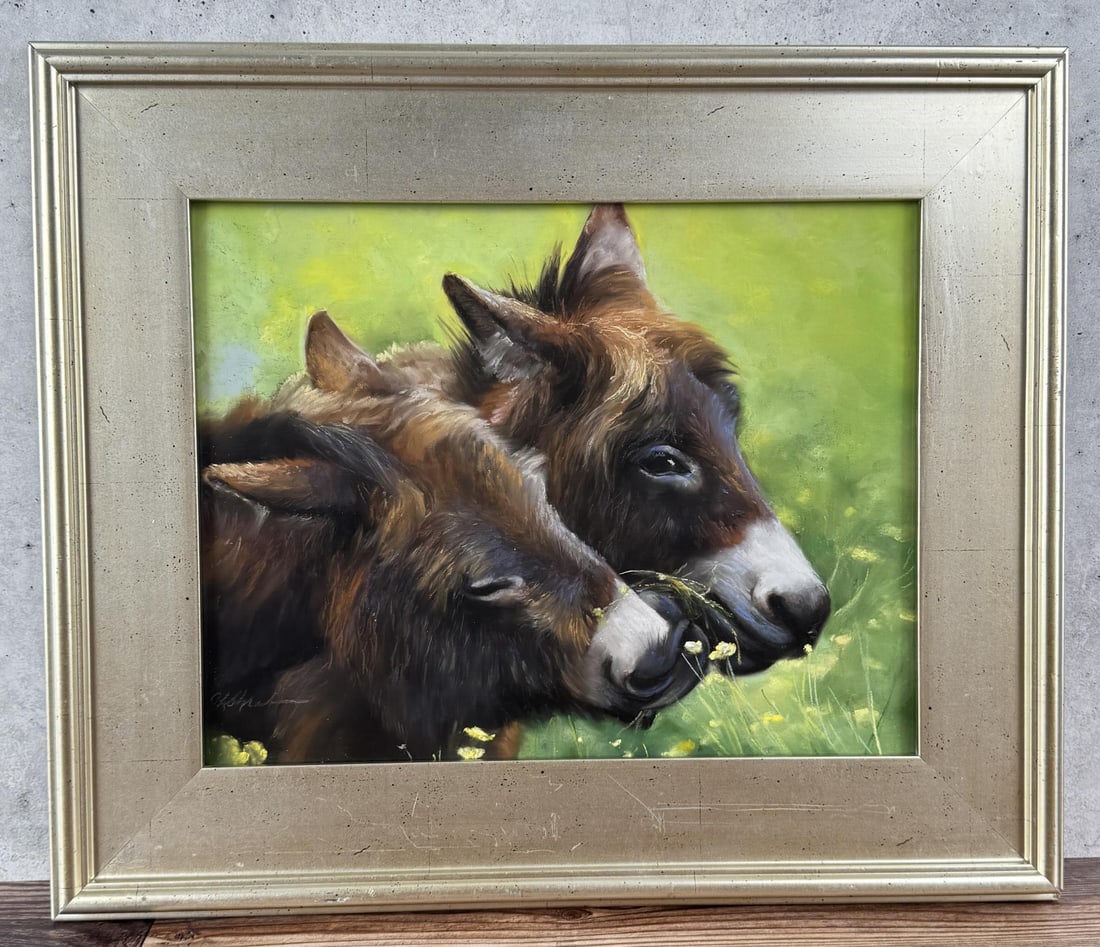 Jerri Shrader Pastel Donkey Drawing: 11" by 14" unframed. 16 1/4" by 19 1/4" framed. Pastel on Paper. From the Private Collection of James H and Pauline Harken. Inventory #764
