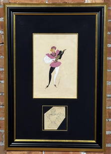 Erte Les Travestis Gouache Painting Drawing: Gouache is 9 1/2" by 14", Pen is 5" by 4". 22 1/2" by 32 1/2" framed. From the Private Collection of James H and Pauline Harken. Inventory #175 Romain (Erte) De Tirtoff (1892 - 1990) was active/lived