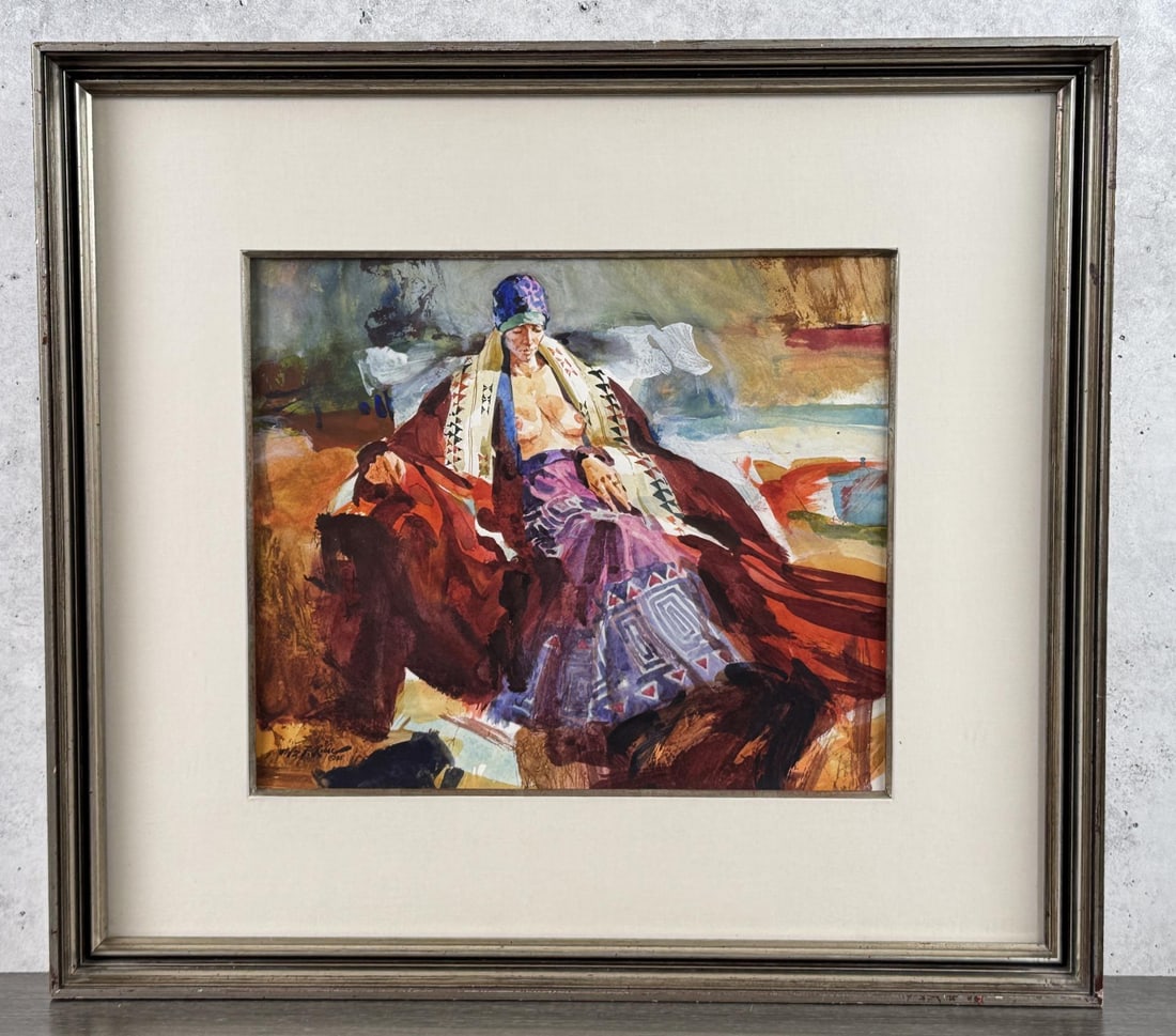 William Foster Reese Wrapped in Burgundy Painting: Title is Wrapped in Burgundy. 13" by 15" unframed. 22 3/8" by 24 3/4" framed. Watercolor on Paper. From the Private Collection of James H and Pauline Harken. Inventory #614 William Foster Reese (1938 