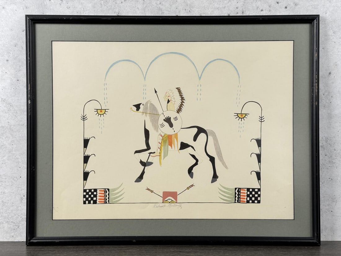 Richard Martinez Warrior on Horseback Serigraph: 18" by 23" framed. From the Private Collection of James H and Pauline Harken. Inventory #393