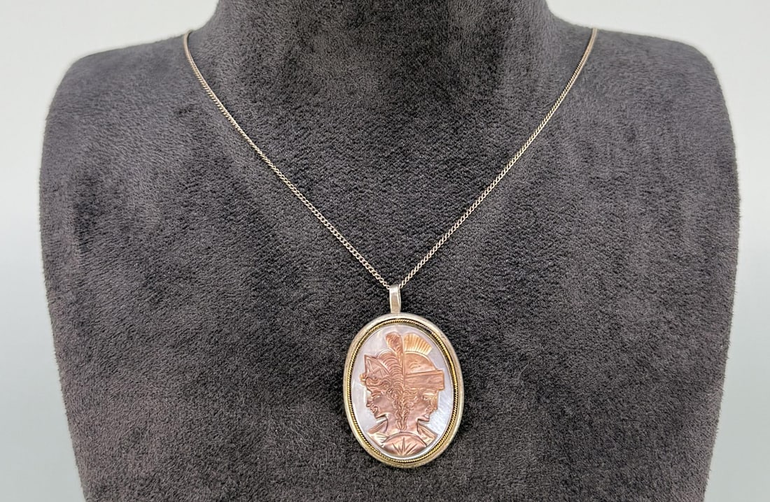 Coin Silver Mother of Pearl Cameo Necklace: 11" long closed.