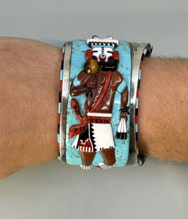Zuni Kachina Dancer Sterling Silver Bracelet: 140.6 grams. 3 1/8" outside diameter. Exceptional large bracelet.