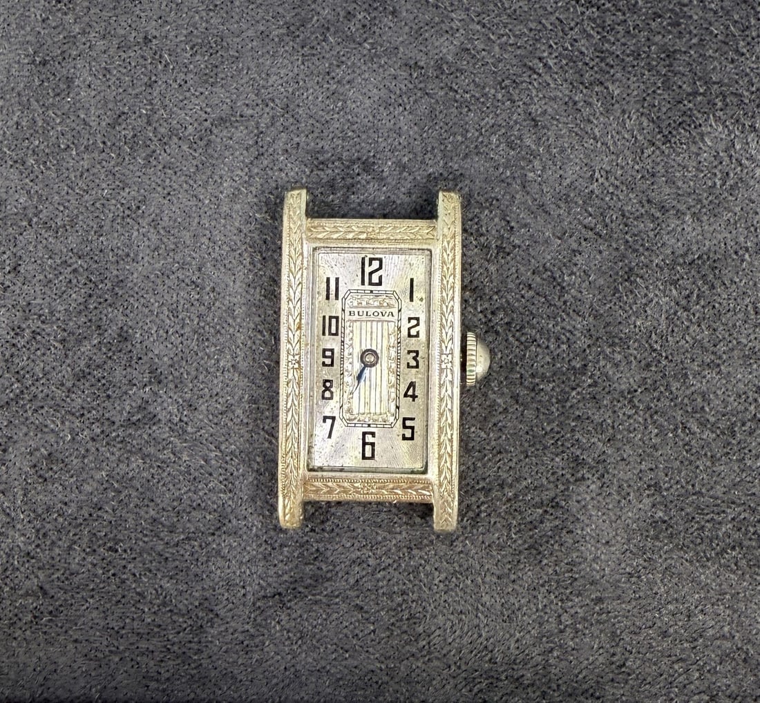 Bulova Debutante 14k Gold Filled Tank Watch: Movement works, missing minute hand and crystal.