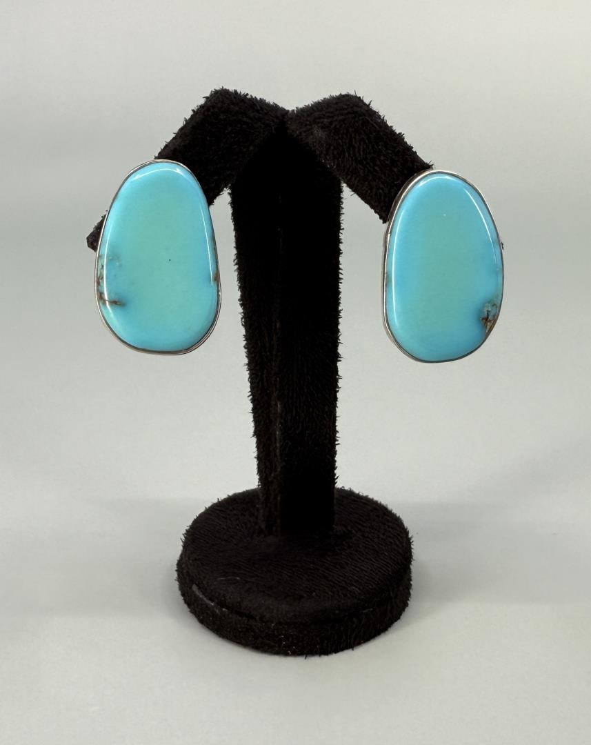 Ronald & Petra Chavez Santo Domingo Kewa Earrings: Sterling Silver and Turquoise. 7/8" long.