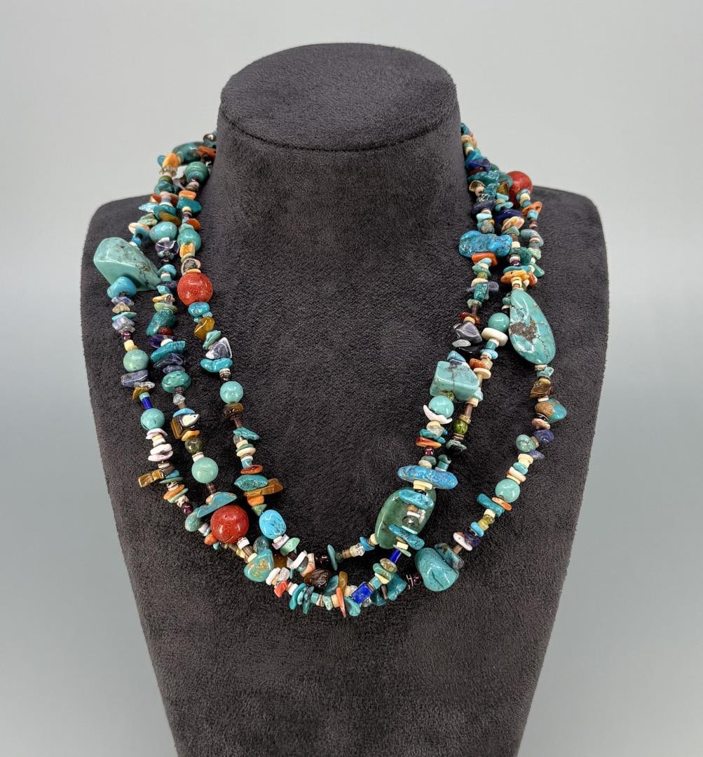 Zuni Heishi Three Strand Necklace: 8" long closed.