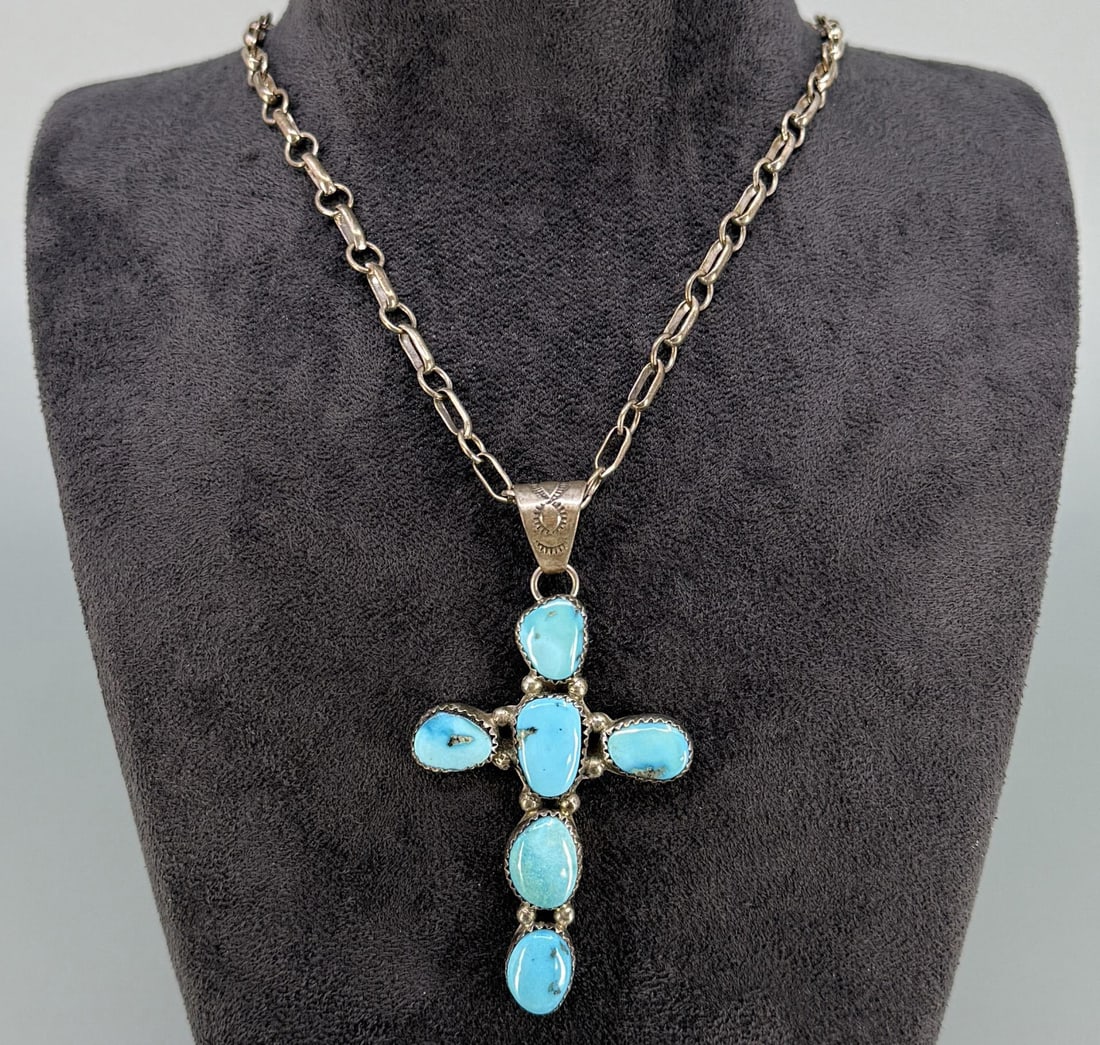 Navajo Sterling Silver Turquoise Cross Necklace (1 of 4)