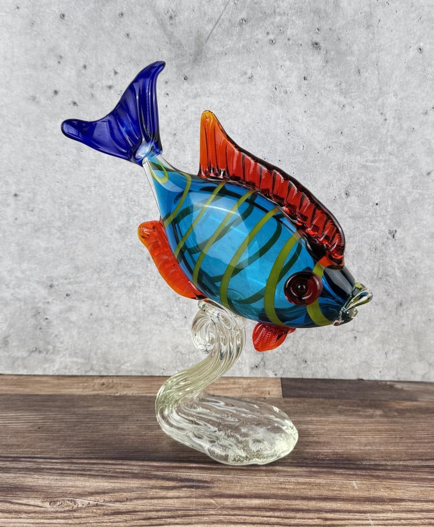 Murano Blown Glass Fish Sculpture: 10 1/4" long by 8 1/2" tall by 2 7/8" wide.