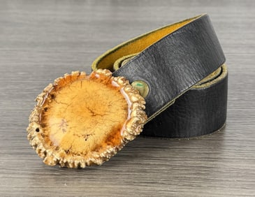 Montana Leather Belt & Elk Horn Burr Buckle