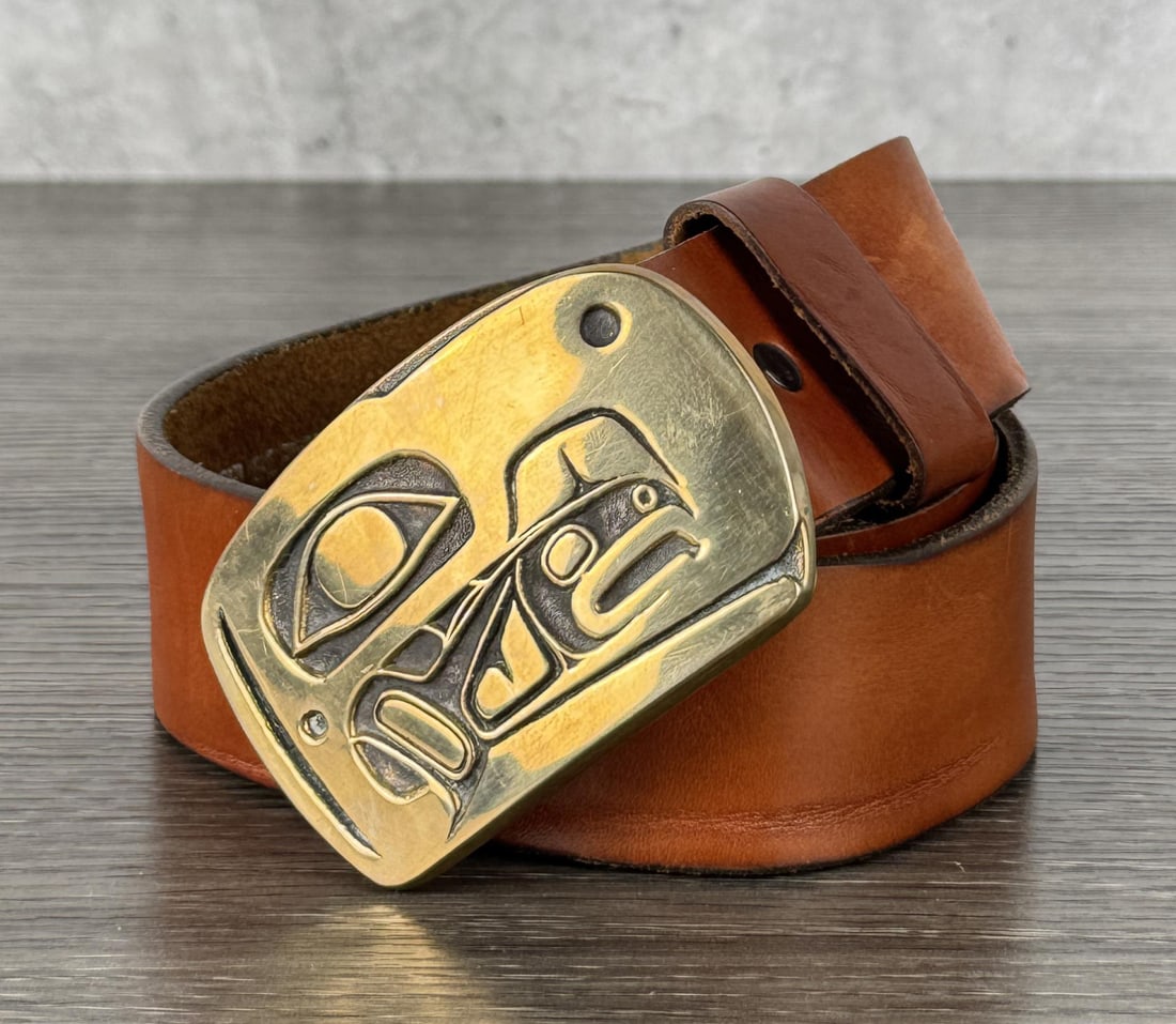 Haida Northwest Coast Buckle & Leather Belt: 43" long overall.