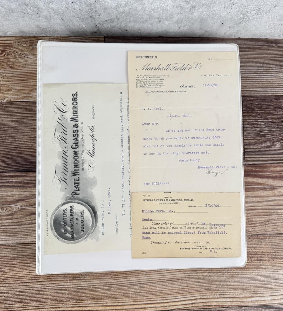 Binder of Antique Historic Montana Paper Ephemera: Related to Dillon Montana Furniture Company. 32 pages.