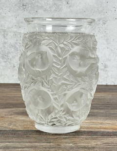 Lalique Bagatelle Frosted Crystal Vase: 6 1/2" tall by 4 7/8" in diameter. Small base chip