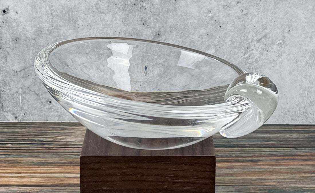 Steuben Glass Tilted Crystal Ashtray: 1 3/4" tall by 5" in diameter.