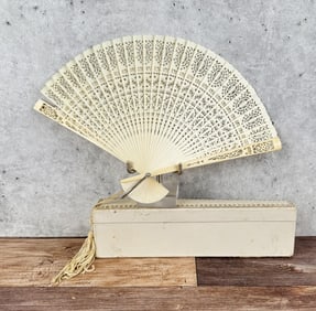 Victorian Carved Bone Folding Hand Fan