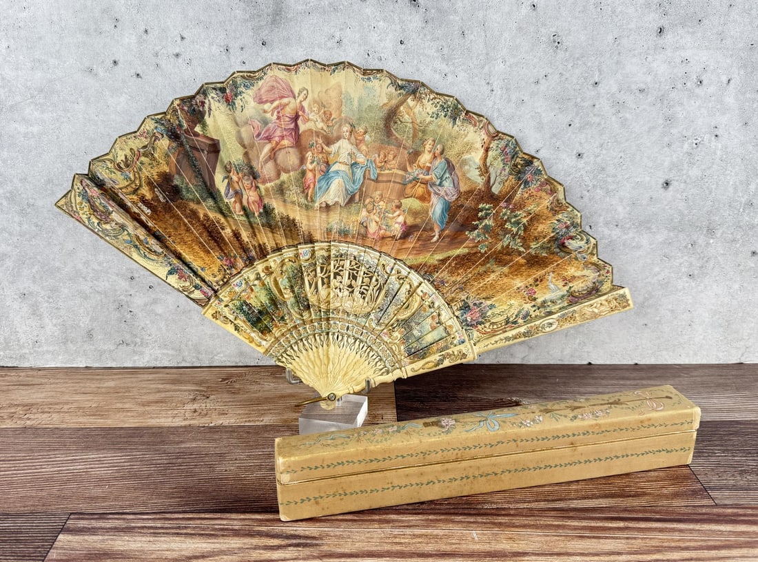 Victorian French Painted Hand Fan: 13 1/4" by 10" when extended.